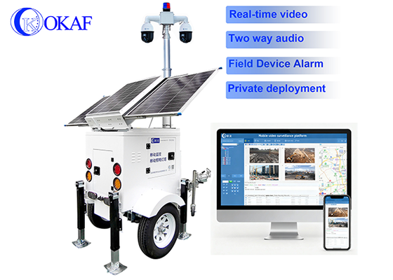 Pemantauan Off-Grid Keamanan 24/7 Tata Surya 3X200W Menara CCTV Kamera Kartu SIM 4G 6M Trailer Tiang Teleskopik